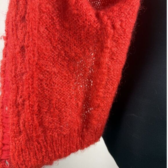 Vintage Hand Knit Red Mohair Cardigan Sweater | Fuzzy Cable Knit Button Front - Picture 10 of 12